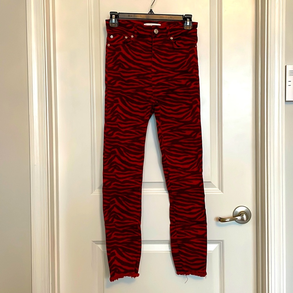 Zara Red & Black Zebra Print Jeans (Size 4)